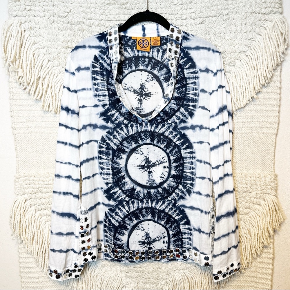 TORY BURCH white and navy blue tie dye embellished long sleeve tunic top 4